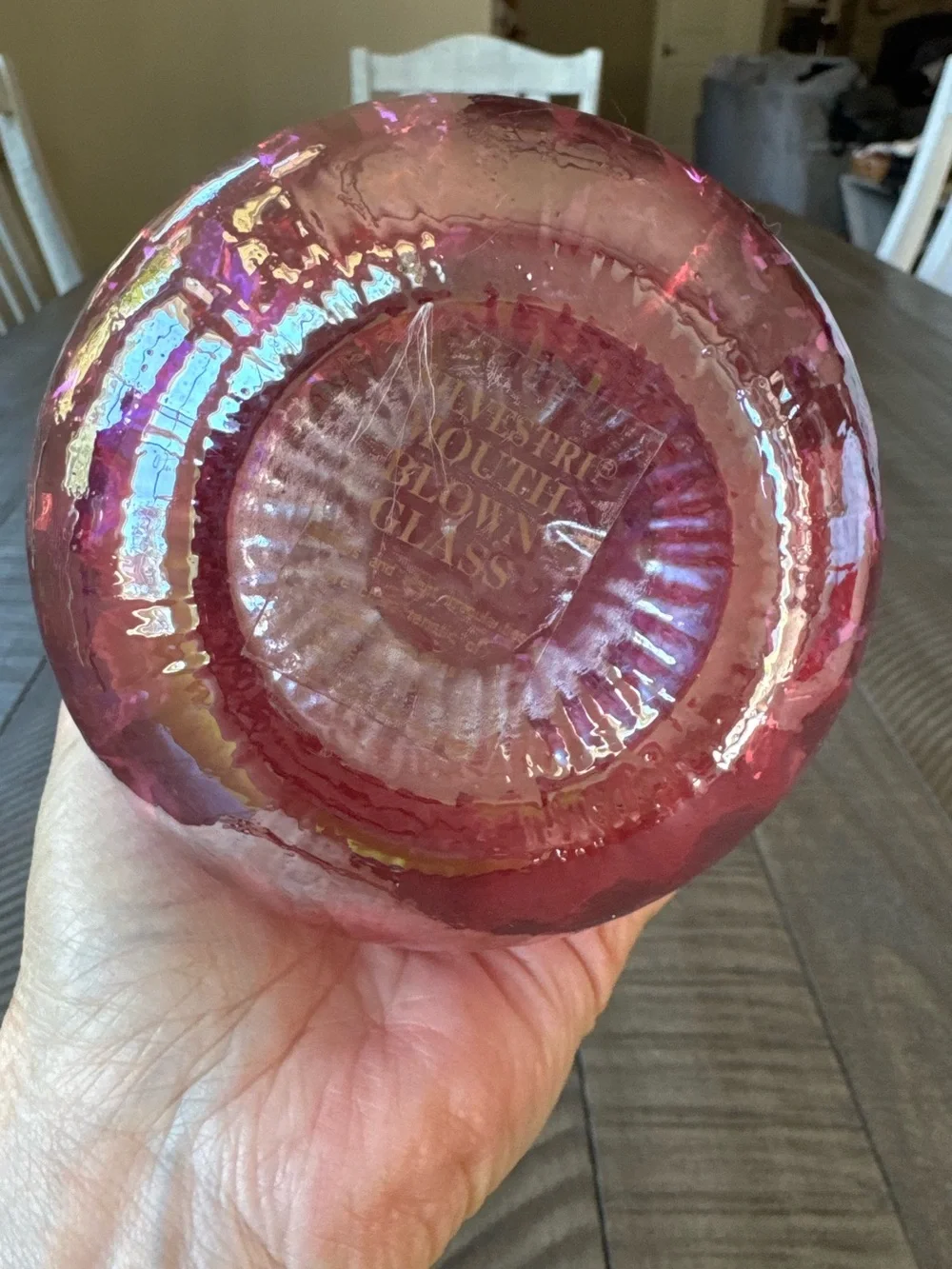 Vintage Silvestri Mouth-Blown Iridescent Pink/Purple Glass Vase W/Cage Neck Ring